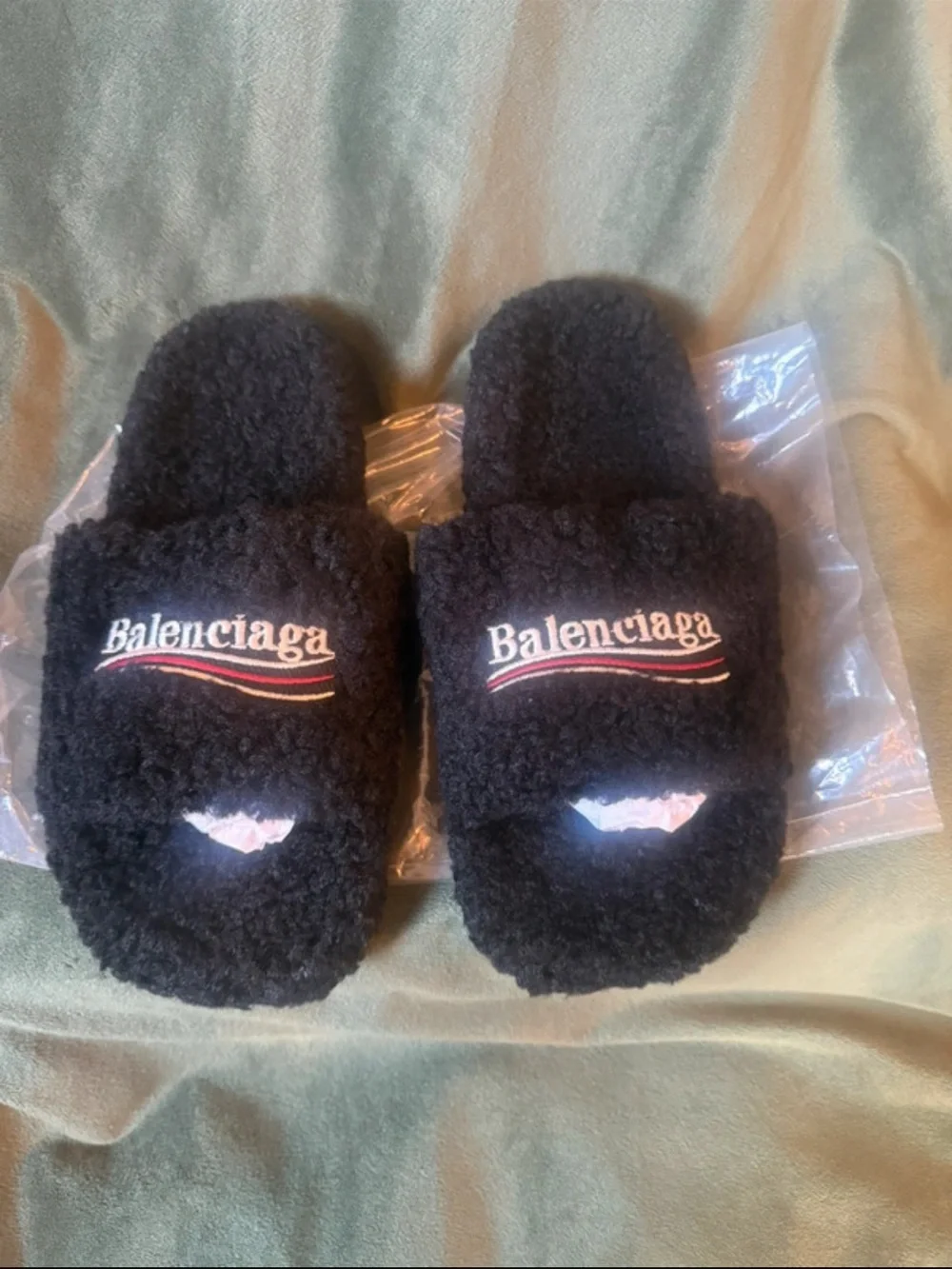 Balenciaga Black Shearling Logo Slide Slippers